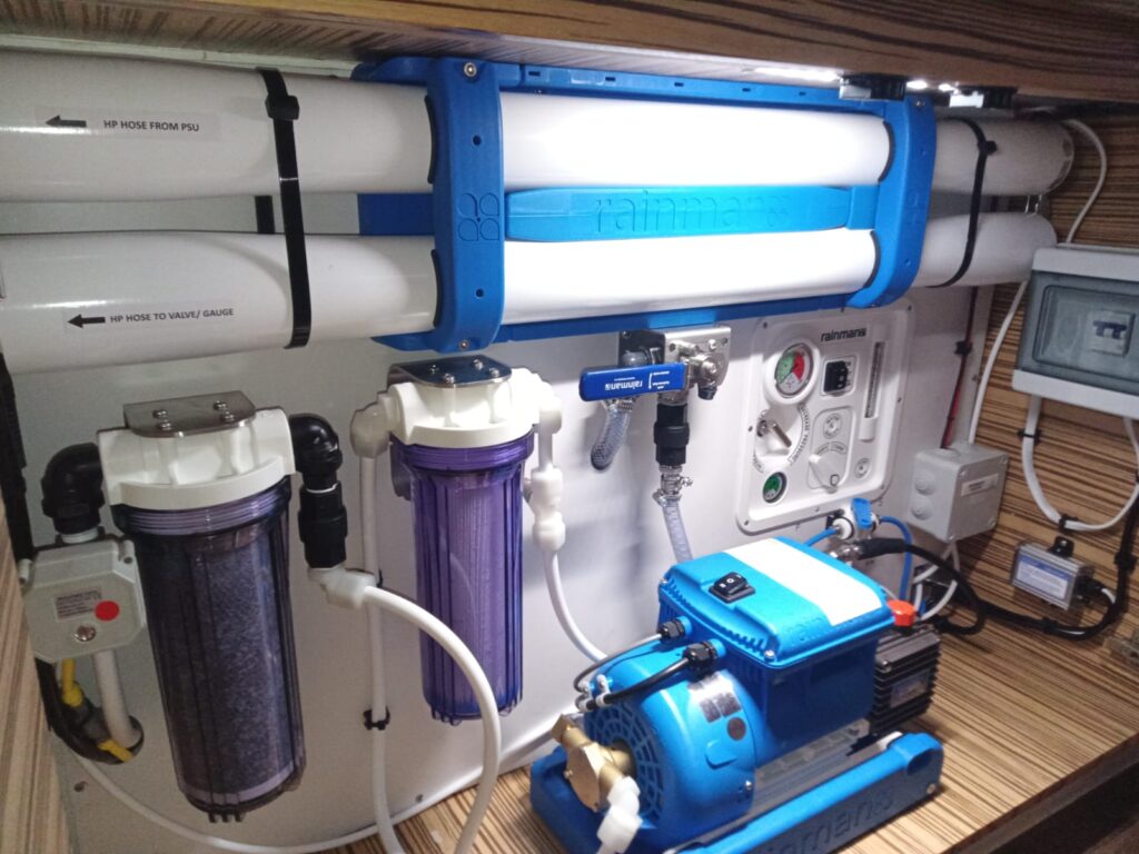 Watermaker system installed in a yacht machinery space