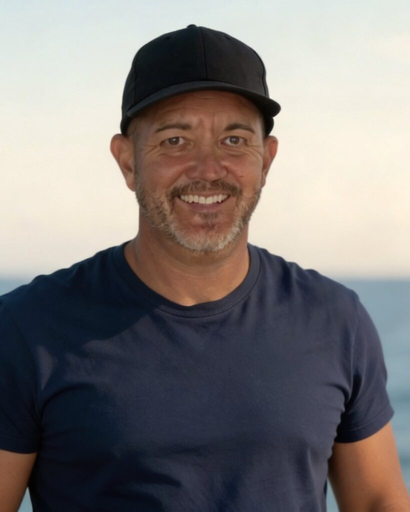 Portrait of Peter Pieschel in a black cap and navy T-shirt with the sea behind