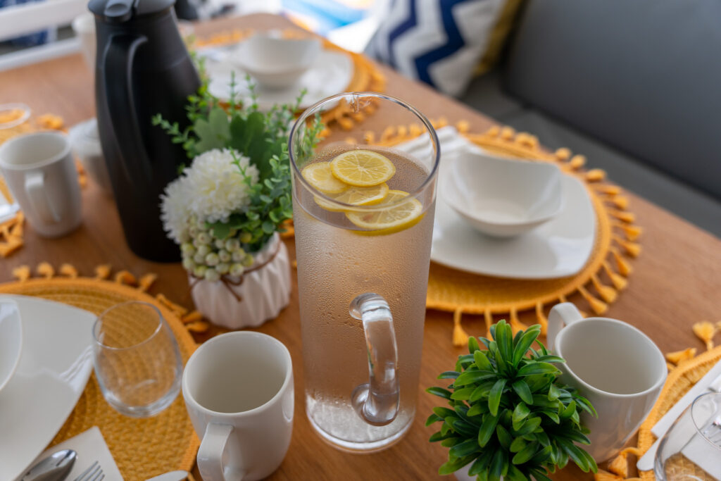 Table laid for breakfast in the cockpit of a yacht